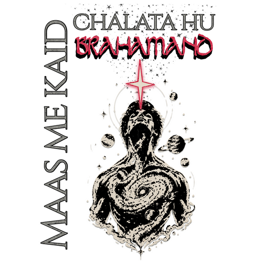 Maas Me Kaid, Chalata Hu Brahamand features a black and white illustration of a screaming, cosmic human figure with a red star and planets, on a white background.