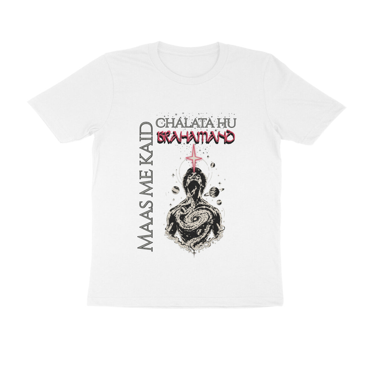 A white short-sleeve crewneck t-shirt featuring a Maori-themed graphic print. The design includes the text 'CHALATA HU SKA-HATAMO' in black and red, 'MAAS ME KAID' printed vertically in black on the left, and a central black ink illustration of a figure with a red cross above.