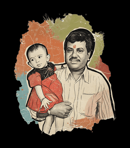 A stylized graphic print of a man holding a baby, featuring a distressed, vintage paper collage aesthetic with orange, beige, and muted green tones on a solid black background.