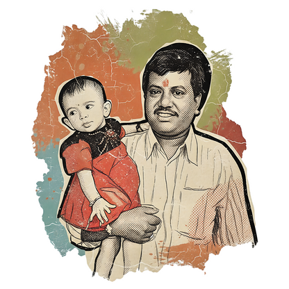 A stylized graphic illustration of a man holding a young child, rendered in a vintage, distressed print style with cream, orange, red, green, and blue paint-splatter background elements on a white field.