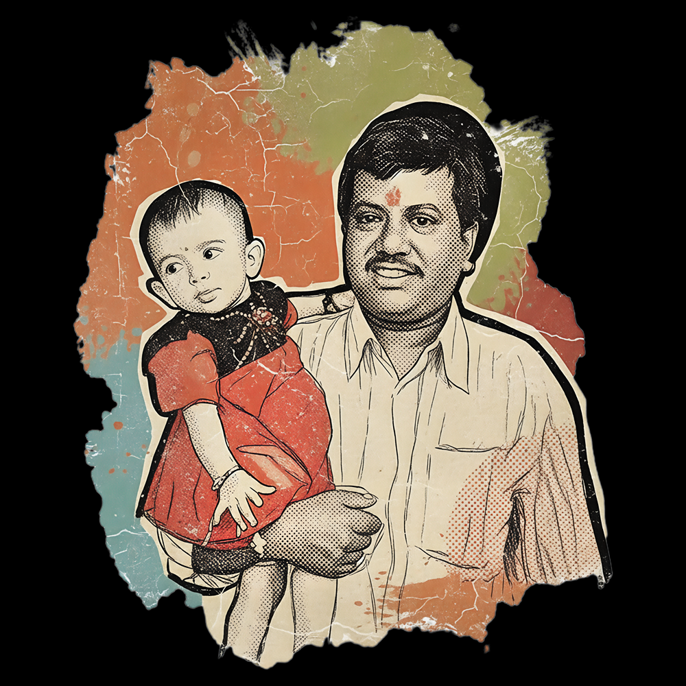 A stylized graphic print of a man holding a baby, featuring a distressed, vintage paper collage aesthetic with orange, beige, and muted green tones on a solid black background.