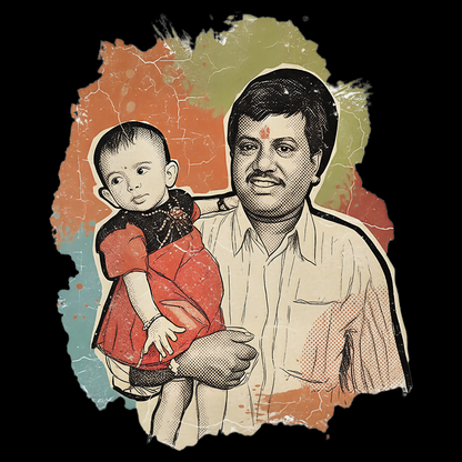 A stylized graphic print of a man holding a baby, featuring a distressed, vintage paper collage aesthetic with orange, beige, and muted green tones on a solid black background.