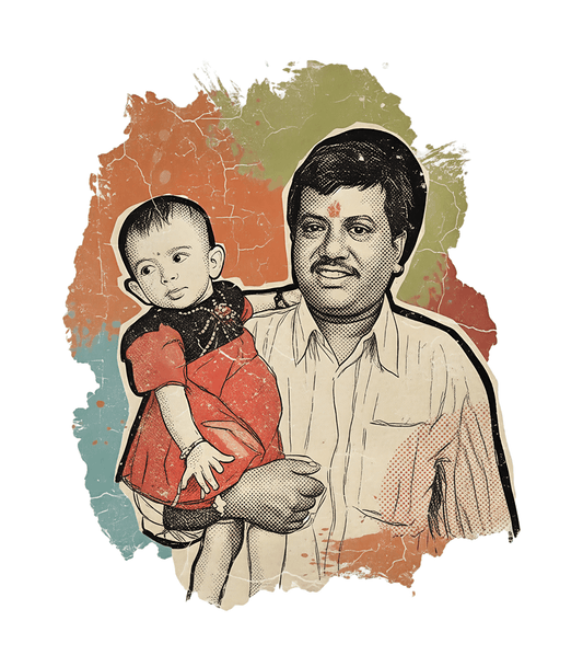 A stylized graphic illustration of a man holding a young child, rendered in a vintage, distressed print style with cream, orange, red, green, and blue paint-splatter background elements on a white field.