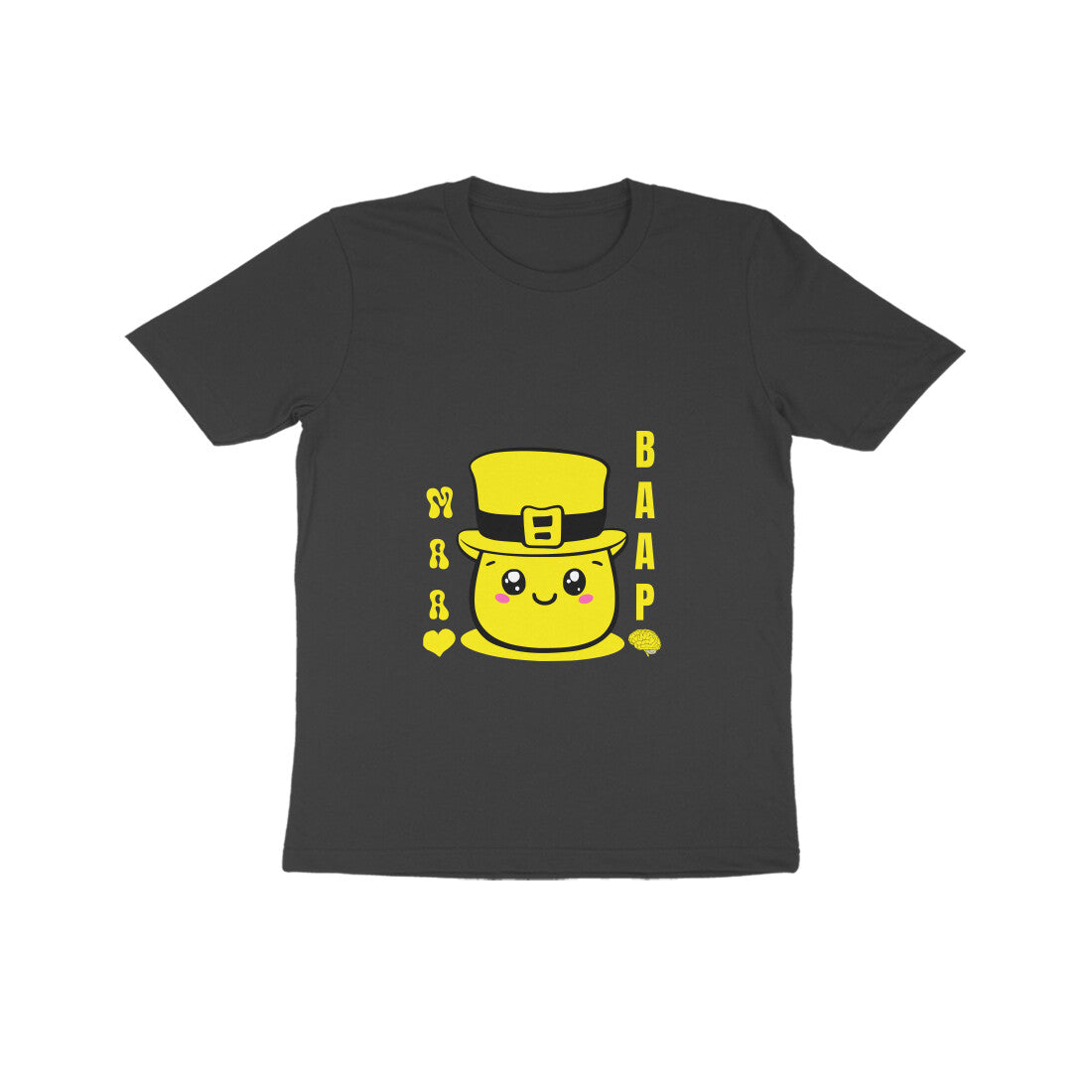 Black t-shirt with maa mera dil baap mera sar character on a white background