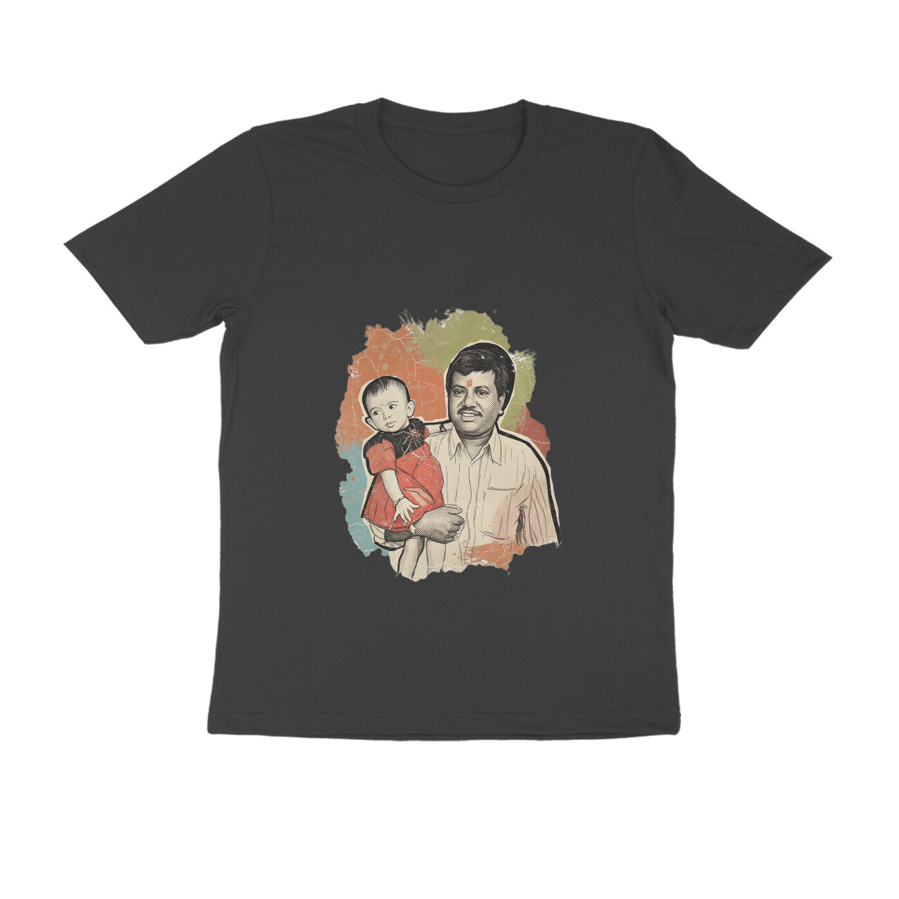 A dark charcoal gray short-sleeve t-shirt with a vintage-style graphic print on the front showing a man holding a baby, set against a solid white background.