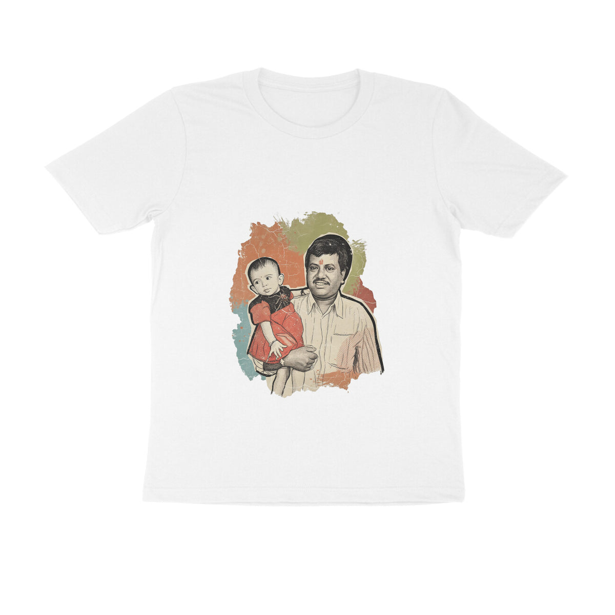 A white short-sleeve crewneck t-shirt featuring a vintage-style graphic print of a man holding a baby, set against a solid white background.